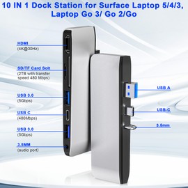 Surface Laptop 5/4/3 Hub Docking Station, Surface Laptop Accesorios (4K@30HZ HDMI +2 USB 3.0 +USB-C +SD/TF ranura para tarjeta de audio de 3.5 mm), Surface Laptop USB C Hub para Surface Laptop