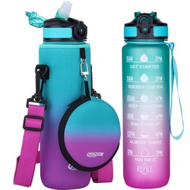 QISSZION Botella de agua de 32 onzas con popote y manga, soporte aislado, reutilizable, a prueba de fugas, sin BPA, correa de hombro ajustable, color rosa para niñas y mujeres, senderismo, viajes, camping, caminar, escuela, gimnasio S14
