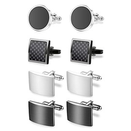 Tomovely 4 Pairs Men's Cufflinks Classic Cufflinks Accessories Cufflinks Tailcoat Shirt Wedding Groom Cufflinks Business Silver Black Gift Set for Men