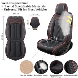 FaiFani Leather Car Seat Covers 2 Front Seats – PU Leather Full Wrap Front Seat Protector, Textured Design, Waterproof, Airbag Compatible, Universal Fit for Cars, SUVs, Trucks (Black and Red