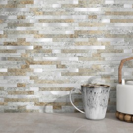 MOFIT 3D Stone Brick Backsplash Tile for Kitchen Peel and Stick Self-Adhesive Wall Tile,Marble Linear Mosaic Tiles Stickers Bathroom Wall Panels Fireplace Vanity (Castle Brown,5sheets)