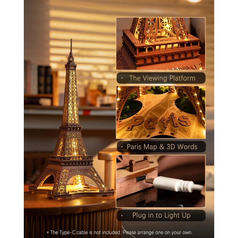 Rolife 3D Wooden Puzzles for Adults, Large Eiffel Tower Set-LED