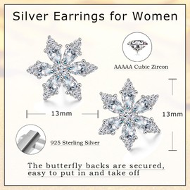 Glintara Women's Silver Christmas Jewellery Set, 925 Sterling Silver Snowflake Necklace & Stud Earrings Set, 45 cm Silver Chain with Snowflake Pendant & Silver Snowflake Stud Earrings with Zirconia,