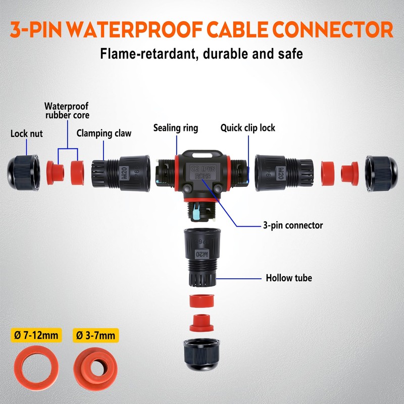 BOSYTRO Pack of 8 Cable Connectors IP68, 3-Pin Waterproof Cable