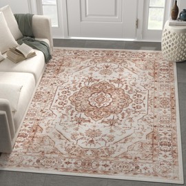 jinchan Area Rug 5x7 Medallion Floral Washable Rug Accent Floor Cover Non Slip Living Room Vintage Mat Retro Thin Soft Carpet for Bedroom Dining Room Kitchen Distressed Terracotta