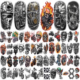 77 Sheets Temporary Tattoos, 17 Sheets Half Arm Motorcycle Skull Flame Flower Mechanical Fake Tattoos for Adults Shoulder Neck, 60 Sheets Tiny Temporary Tattoos Realistic for Men Women Boy Girl