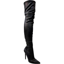 Liliana DB54 Women Suede Pointy Toe Thigh High Single Sole Stiletto Boot (Black PU, numeric_9)