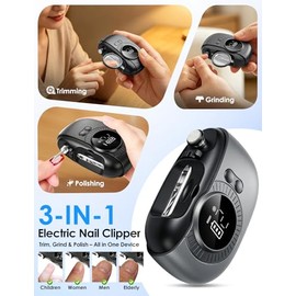 Electric Nail Clipper 3 in 1 Electric Nail Trimmer with Polishing & Filer | 2 Speeds Adjustable, Built-in LED Light & Magnifier, LCD Display, Electric