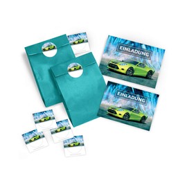 12 Invitation Cards Birthday Children Boys Racing Car Including 12 Envelopes, 12 Bags / Turquoise, 12 Stickers/Racing Car/Invitations Children's Birthday Party for Boys / Card Set