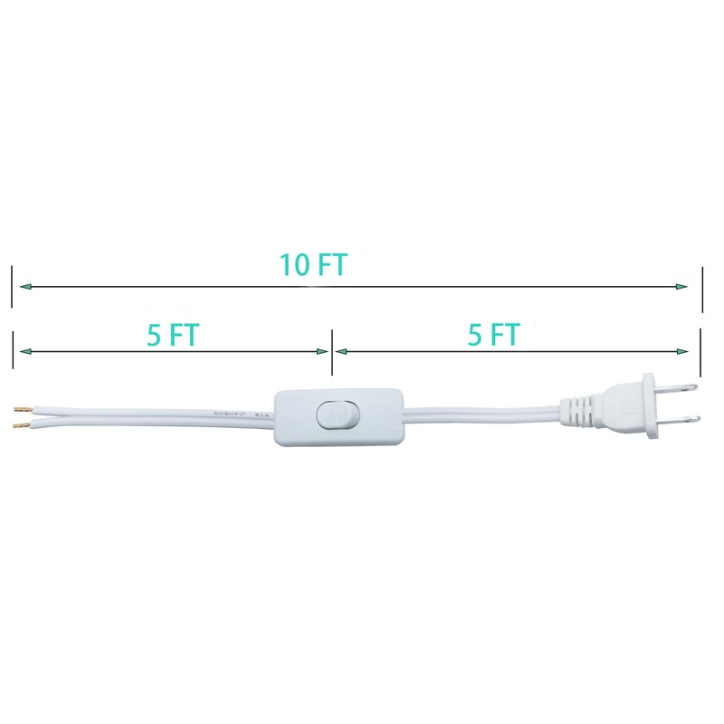 10FT Replacement Lamp Cord, White 18 AWG 2 Prong Extension
