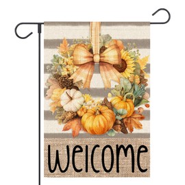 OPULANE Fall Thanksgiving Wreath Garden Flag 12x18 Inch Double Sided Autumn Floral Leaves Pumpkins Bow Stripes for Welcome Seasonal Holiday Outside Yard Flag Outdoor Decoration