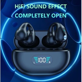 Bluetooth 5.3 Headphones Open Ear Clip-on HD Stereo IPX5 Waterproof Noise Cancelling Touch Control Microphone LED Power Indicator with Charging Box for Sports Cycling Driving (Black 2)