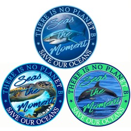 Premium Vinyl Save The Oceans Bumper Stickers 4-Pack - Climate Change Stickers | Seas The Moment - Save Sea Life Decals for Cars + Sticks Anywhere Go Green Recycle Save Earth Large 3" x 3" 4 Pack