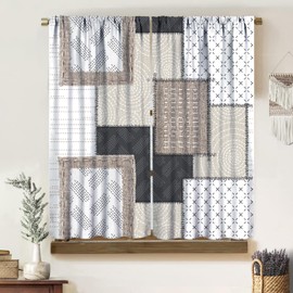 Cortinas de retazos rurales, estilo bohemio, clásico, étnico, rústico, beige, gris, línea geométrica, patrón sin costuras, tratamientos de ventana, cortinas opacas con bolsillo para barra de estar,