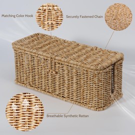 BROWNLILY Cable Management Box, Rattan Style Cord Organizer for Desk Cord Hider Outlet Covers Baby Proofing for Power Strip TV PC Router Charger Under Desk Storage with Lockable Lid and Cable Ties