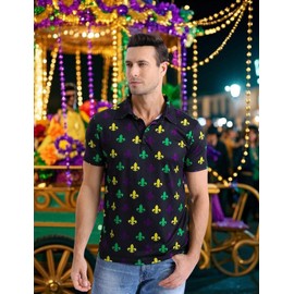 Men's Mardi Gras Polo Shirt Fleur De Lis Purple Gold Green Rugby Button Down Golf Outfit, Black, XXX-Large