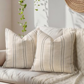 Tone Link. 18x18 Inch Farmhouse Throw Pillow Covers, Set of 2 Textured Pillowcase, Beige with White & Gray Stripe Cushion Cover for Sofa Living Room (Cover ONLY)