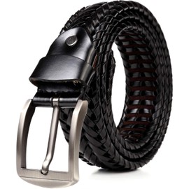 JINSELF Men's Mesh Belt, Genuine German Leather, Buckle, Casual, Business, Braid, Dark Silver, 2. Black.