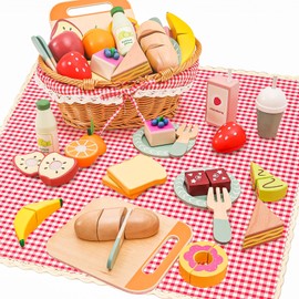 HAPGFS Wooden Picnic Basket Toy Set with Realistic Play Food - Kids Pretend Play Kitchen Accessories for Toddlers 3-8, Wood Play Food for Imaginative Tea Party & Outdoor Fun