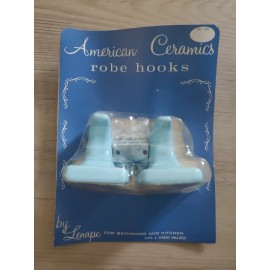 Lenape Ceramic Bathroom Robe Hooks, Light Blue with Clips, NOS