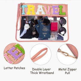 Alameda Chenille Letter Travel Makeup Organizer for Toiletries、Snack，Multi-Purpose Toiletry Bags for Women Girls Carry On，Clear Bag Stadium Approved,Clear Tote(PU Leather Style-Beach, Small)