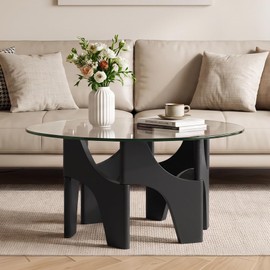 Round Glass Coffee Table, 29.5'' Mid Century Center Table, Black