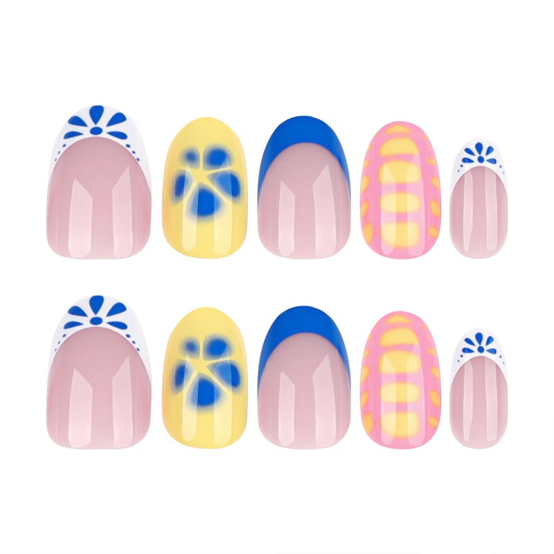 SINHOT Round Press on Nails Short - Blue Flower Fake