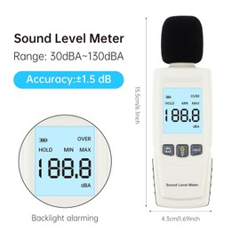 Smgda Digital Sound Level Meter, Portable Sound Meter, Noise Meter Tester 30-130dB with Backlight Alarm, Data Hold, Decibel Monitoring Tester