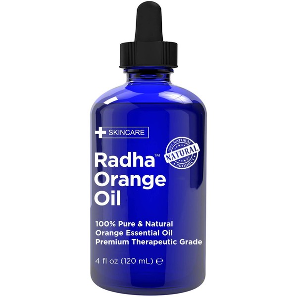 Radha Beauty -100% Pure Orange Essential Oil - Huge 4oz Bottle - Undiluted Therapeutic Grade - Cleanse Uplift and Focus