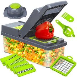Multifunction Vegetable Chopper, 8 Blades Dicer Vegetable Cutter, Onion Cutter with Container, Egg Separator Grater Slicer with Push Button, Hand Guard, Large Capacity Container
