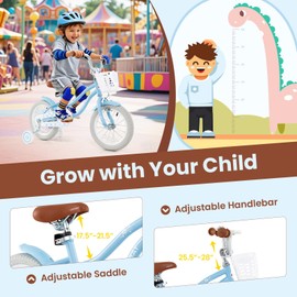 COSTWAY Kids Bike, 14 Inch Toddler Children Bike w/Training Wheels, Hand & Coaster Brakes, Adjustable Saddle & Handlebar, Basket, Bell, Kids Bicycle for Girls Boys Aged 3-8 Years Old, Light Blue