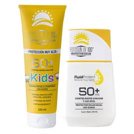 Fotosun UV 100 Fluid Protect Protector Solar Facial Fotoprotector Luz Azul 50+ FPS UVA UVB Consistencia Liquida Rápida Absorción Alta Protección Resistente al Agua Uso Diario (KIT: FLUID + KIDS)