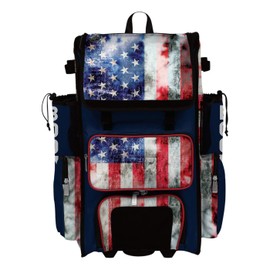 Boombah Superpack Hybrid Rolling Bat Bag: USA Old Glory Navy, Red & White. Baseball Softball Bag with Wheels Holds 4 Bats, Ventilated Shoe Compartment, Telescopic Handle, Rolling & Backpack Version