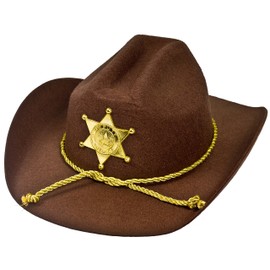 I LOVE FANCY DRESS U.S AMERICAN SHERIFF - STURDY COWBOY HAT WITH BROWN FELT MATERIAL AND GOLD PLASTIC STAR SHERIFF BADGE