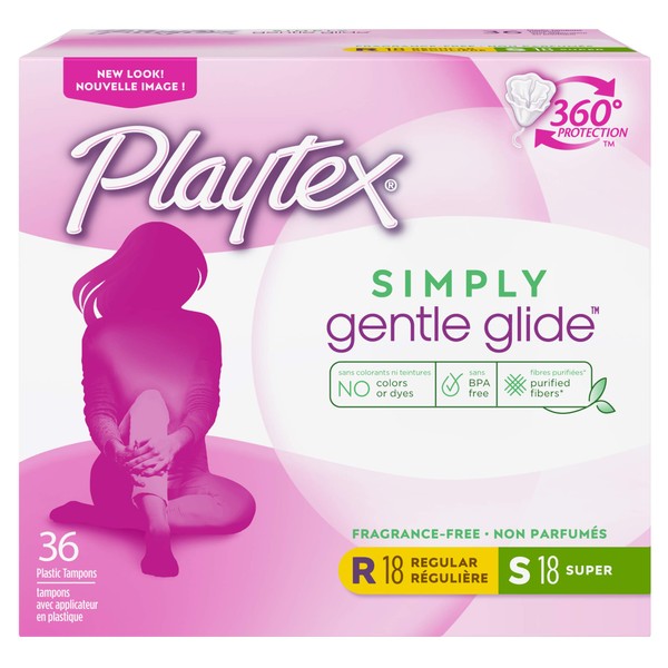 Playtex Simply Gentle Glide Tampons, Multipack (36ct Regular/36ct Super Absorbency), Fragrance-Free - 72ct (2 Packs of 36ct)
