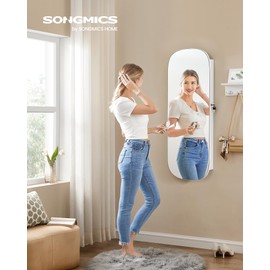 SONGMICS Jewelry Organizer, LED Jewelry Cabinet Wall/Door Mounted, Lockable Rounded Wide Mirror with Storage, Interior Mirror, 3.9 x 16.5 x 42.5 Inches, White Surface with Greige Lining