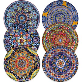 Romatlink 8.5 Inch Ceramic Dinner Plates Set of 6, Bohemian Appetizer Dessert Plates, Microwave Oven Dishwasher Safe, Hand Painted Artisan Design, Gift for Housewarming Thanksgiving