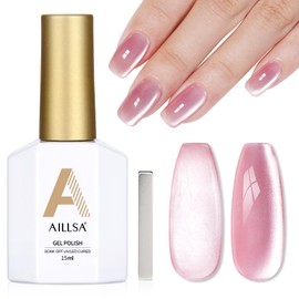 AILLSA Glass Cat Eye Gel Nail Polish, 15ml Pink Glitter Jelly Sheer Gel Polish, Translucent Magnetic Shimmer Sparkle Nail Art U V Salon 0.5 OZ GF36
