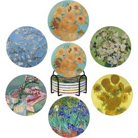 ADPON Absorbent Ceramic Coasters for Drinks with Cork Base Art Coasters Set of 6 - Use 6 Famous Paintings, Unique Housewarming Gifts for Home Decorative (Van Gogh - Sunflower)