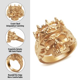 KIRTIJW Mens Gold Skull Rings Stainless Steel Gothic Punk Goth Biker Crown Skull Ring Jewelry for Men Size 13