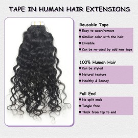 Luwigs Natural Curly Wave Tape in Extensions Human Hair Natural Color Tape in Hair Extensions for Black Women Water Wave Seamless Skin Weft 50g 20pcs (18 Inch, Natural Curly)