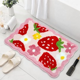 Cute Strawberry Rug for Bath, Pink Bathroom Rugs 20 X 31 Inch, Cute Floral Rug Non Slip Kids Bathroom Rug for Girls Machine Washable Absorbed High pile 3D Floor Bath Mat for Shower, Bedroom, Dorm