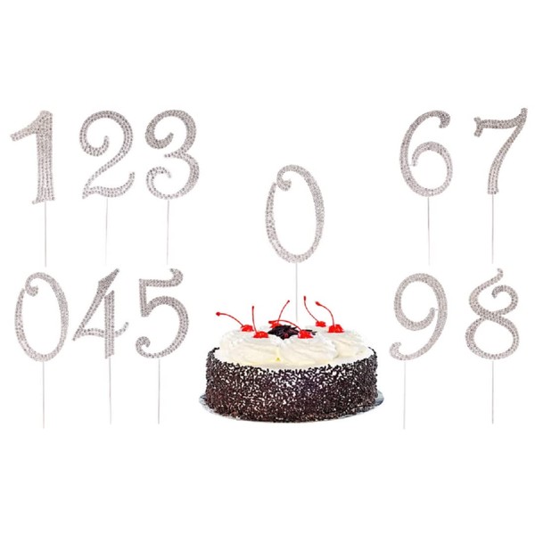 chenwen Decoración para tarta de cumpleaños de tamaño grande del 0 al 9 para mostrar números de años o edades, adornos de diamantes de imitación plateados para decoración de fiestas, bodas y aniversarios. (Número 0, Plata)