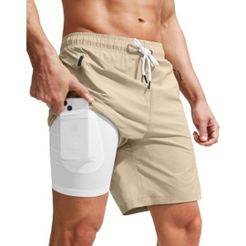 Viodia Men's Swim Trunks with Compression Liner Quick Dry Board Shorts Swimsuit Swimwear for Men with Zipper Pockets Khaki