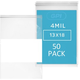GPI - 13" x 18" - XL - Pack Of 50, 4 Mil Thick, Heavy Duty, Clear Plastic Reclosable Freezer Zip Bags, With White Block for Labeling, Strong & Durable Poly Baggies With Resealable Zipper Top Lock.
