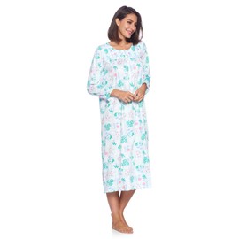 Casual Nights Women's Floral Long Sleeve Sleep Dress Full Length Henley Nightgown, Green, L