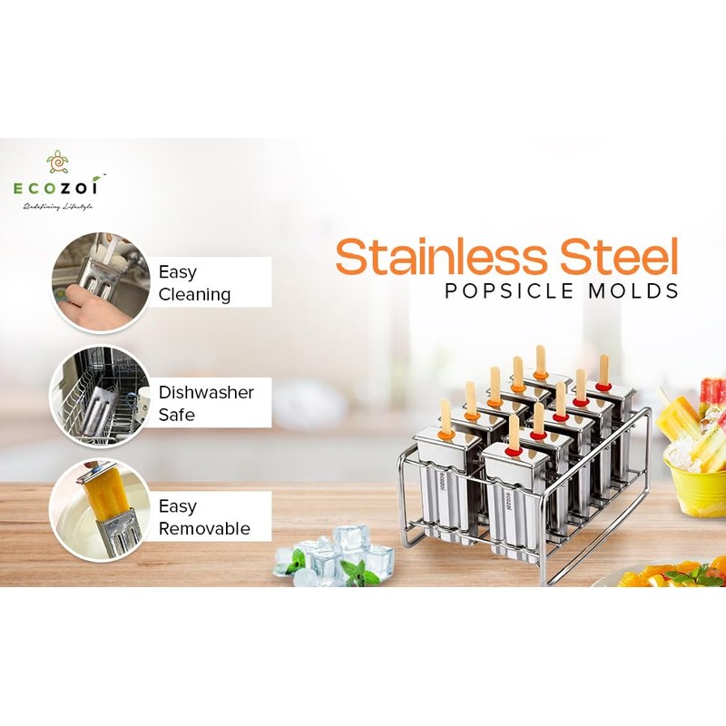 ecozoi Stainless Steel Popsicle Molds and Rack - 10 Square