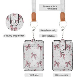 YETTASBIN Bow Pink ID Badge Holder with Removable Lanyard, Vertical PU Leather Cards Holder with 1 Clear ID Window and 2 Cards Slot for Office and School