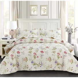 Jarson Country Floral Quilts Bedspreads King Size, 3Pcs Lightweight Spring Summer Quilt Set Botanical Flowers Coverlets Reverisible Rustic Lodge Bedding Pillow Shams