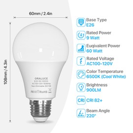 ORALUCE - Bombilla LED A19 de 9 W, equivalente a 60 W, 120 V, 900 lm, 6500 K, luz blanca fría, base media E26, no regulable, eficiencia energética, certificación UL, 6 unidades